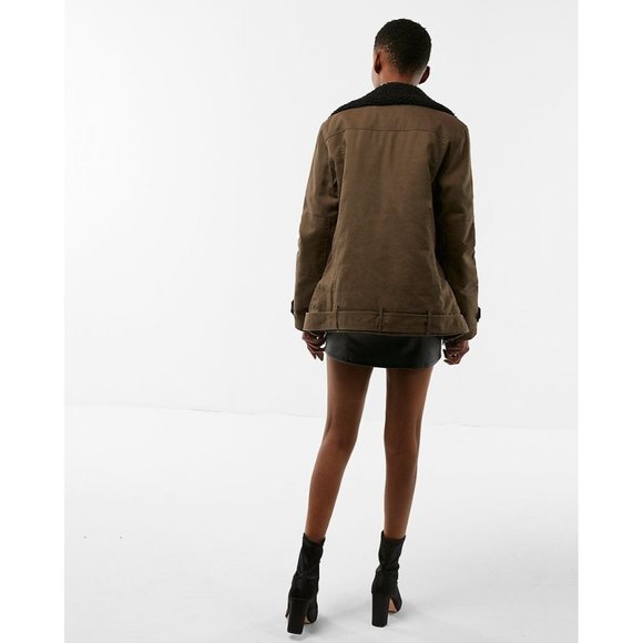 EXPRESS $168 Twill Faux Fur Moto Jacket Army Green Black Fleece Coat XS XSmall - Picture 3 of 4